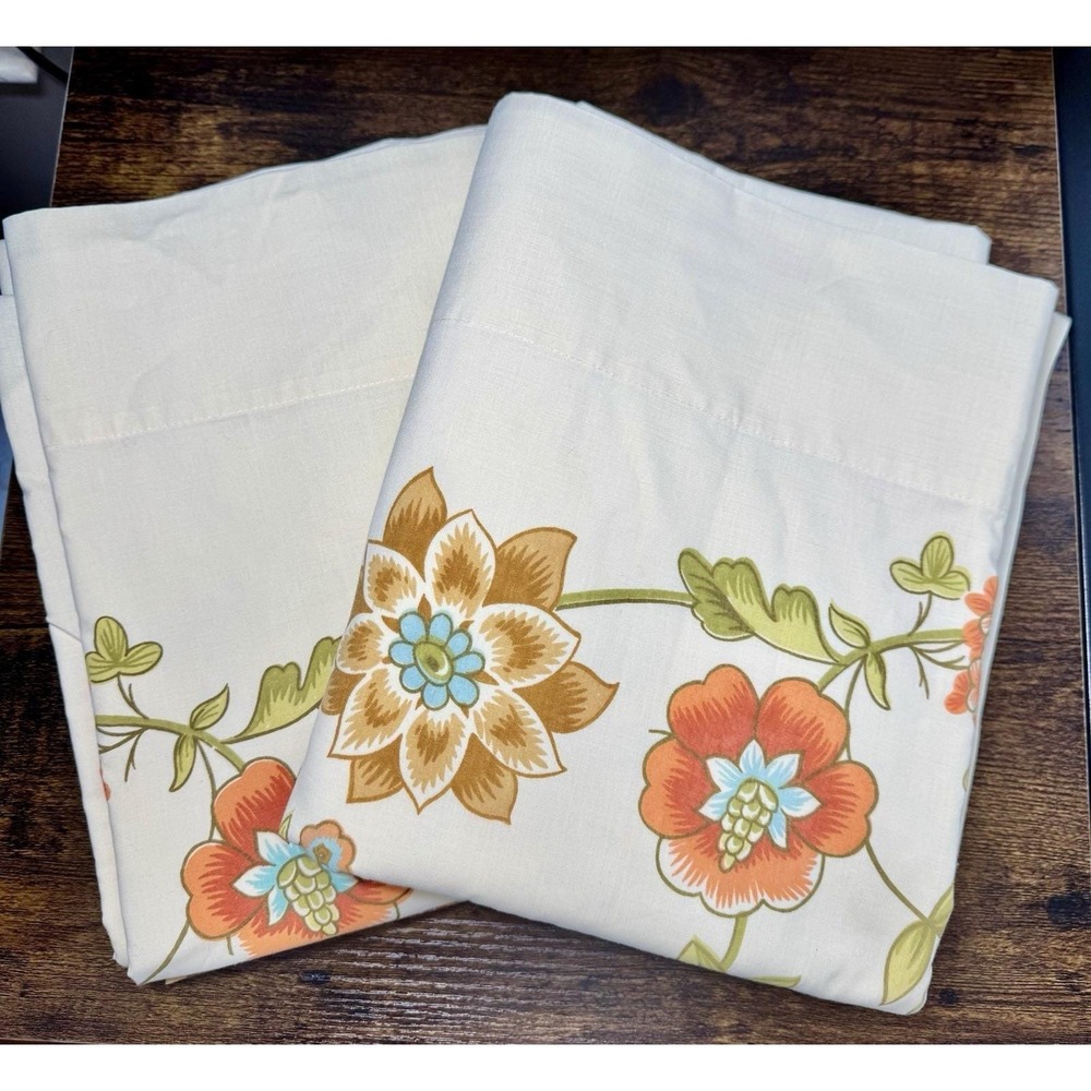 VTG Lady Pepperell FULL Flat Sheets 2 Tan Orange Flower Power Floral Boho Hippie